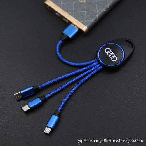 High quality phone charger cable 3 In 1 multiple charging cord with light-up logo engraved LED usb cable for iphone 7 8 X usb C